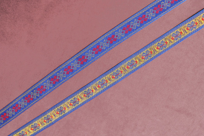 Лента 22мм жаккардовая 9081 Славянский орнамент Синий/Красный/Желтый - изображение